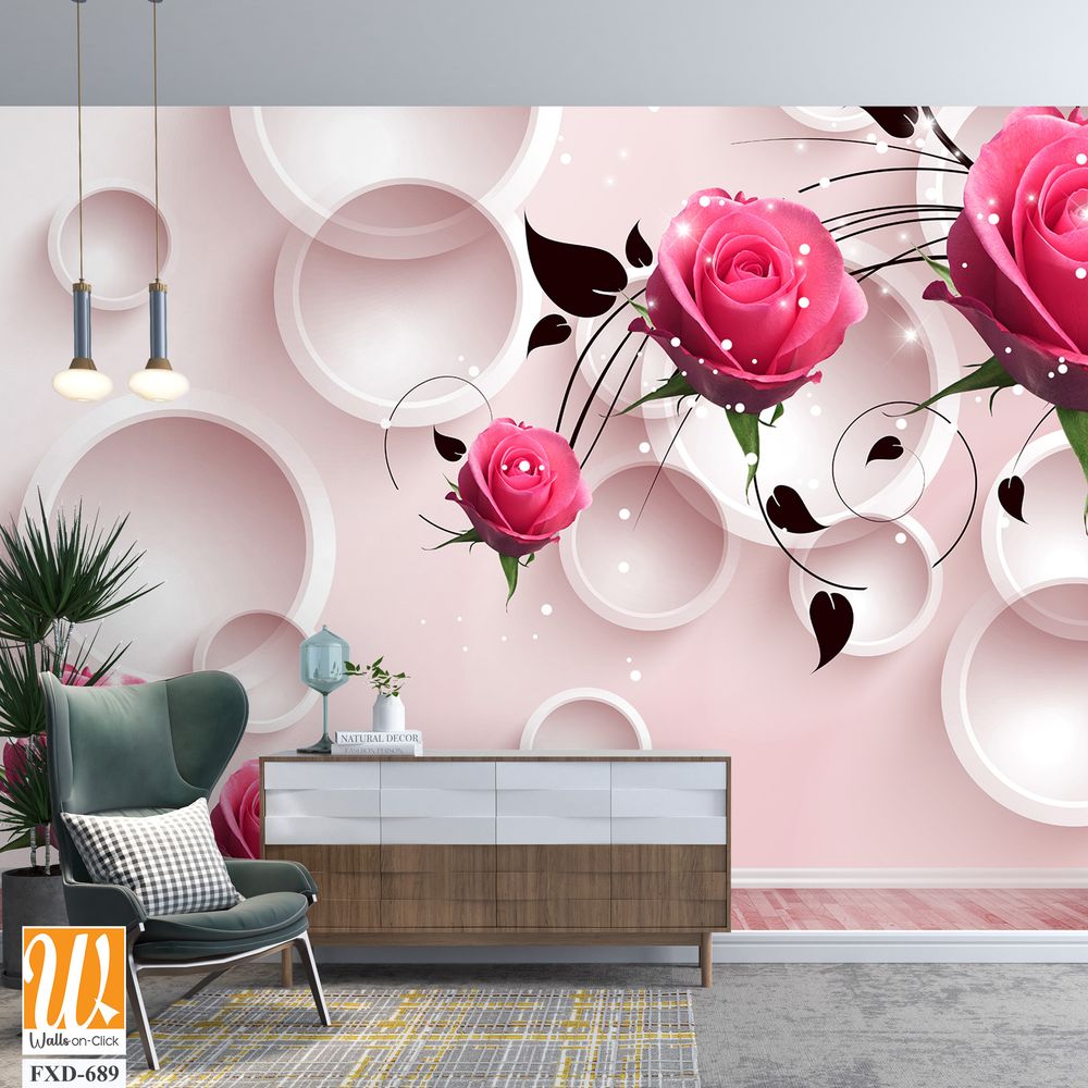 3D modern pink roses with white circles Wallpaper [WP-FXD-689]