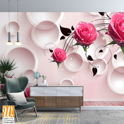 3D modern pink roses with white circles Wallpaper [WP-FXD-689]