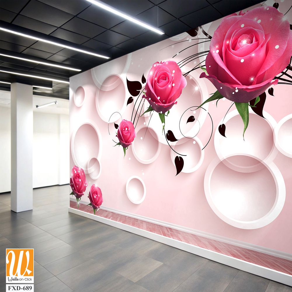 3D modern pink roses with white circles Wallpaper [WP-FXD-689]