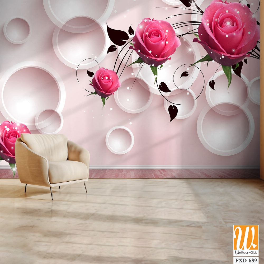 3D modern pink roses with white circles Wallpaper [WP-FXD-689]