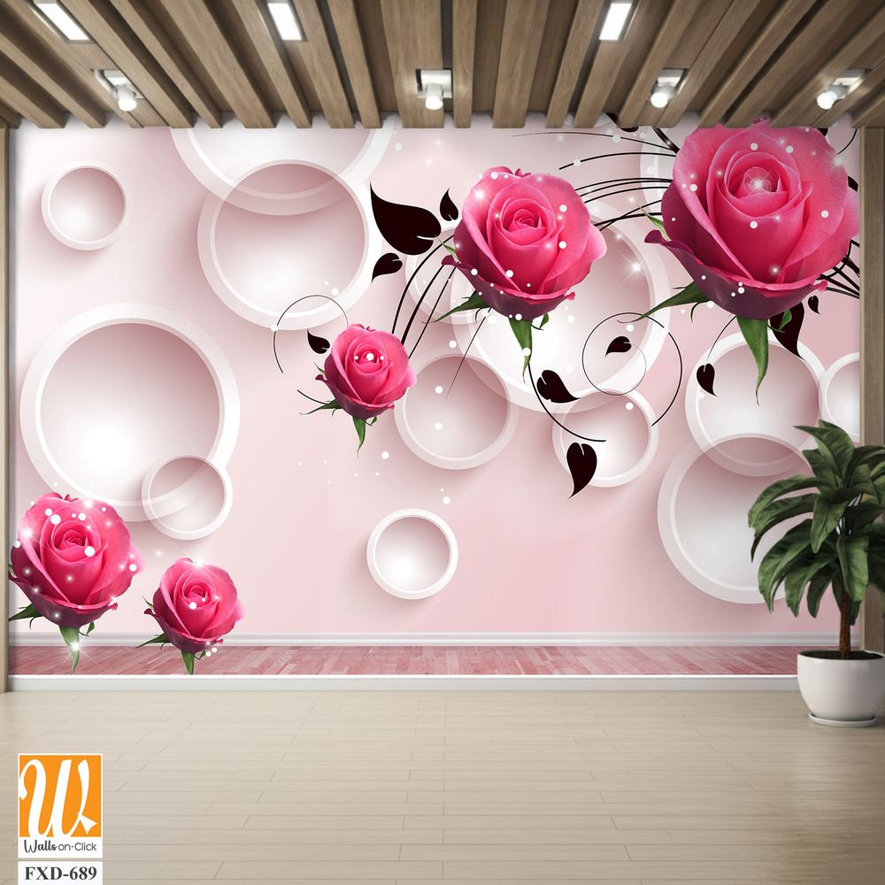 3D modern pink roses with white circles Wallpaper [WP-FXD-689]