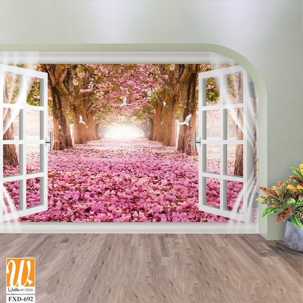 White window with pink flowers on the ground Wallpaper [WP-FXD-692]
