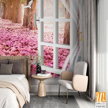 White window with pink flowers on the ground Wallpaper [WP-FXD-692]