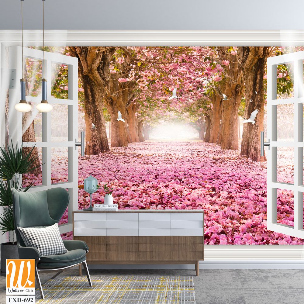White window with pink flowers on the ground Wallpaper [WP-FXD-692]