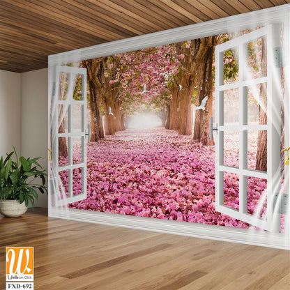 White window with pink flowers on the ground Wallpaper [WP-FXD-692]
