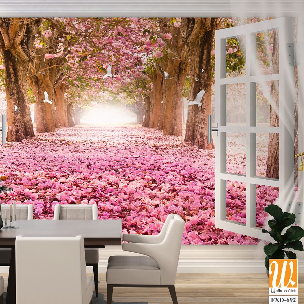 White window with pink flowers on the ground Wallpaper [WP-FXD-692]