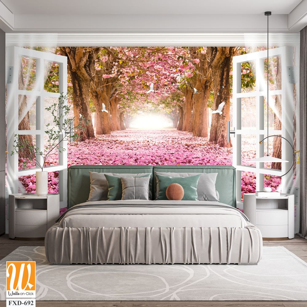 White window with pink flowers on the ground Wallpaper [WP-FXD-692]