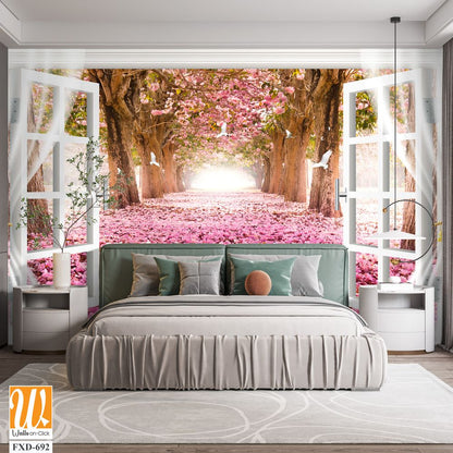 White window with pink flowers on the ground Wallpaper [WP-FXD-692]