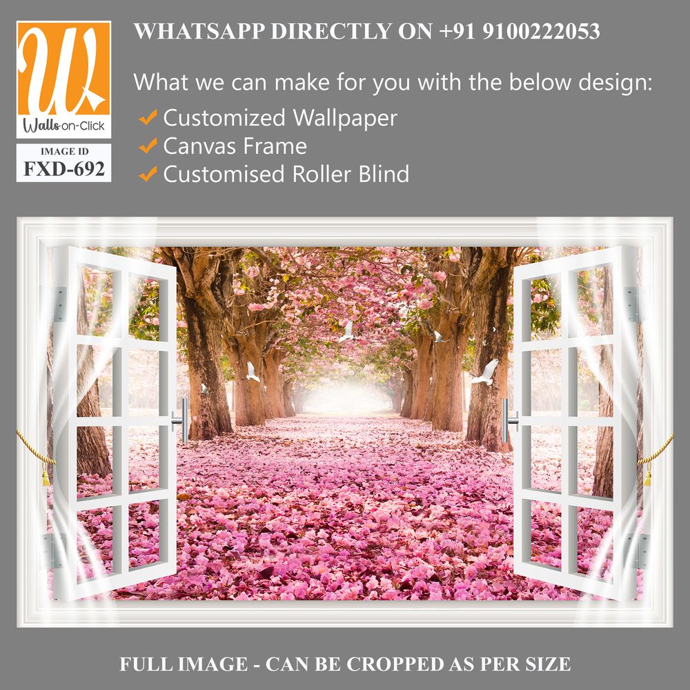 White window with pink flowers on the ground Wallpaper [WP-FXD-692]