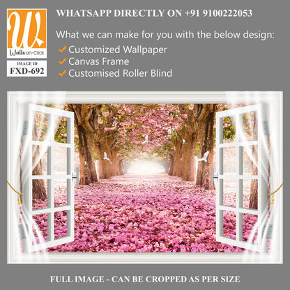 White window with pink flowers on the ground Wallpaper [WP-FXD-692]