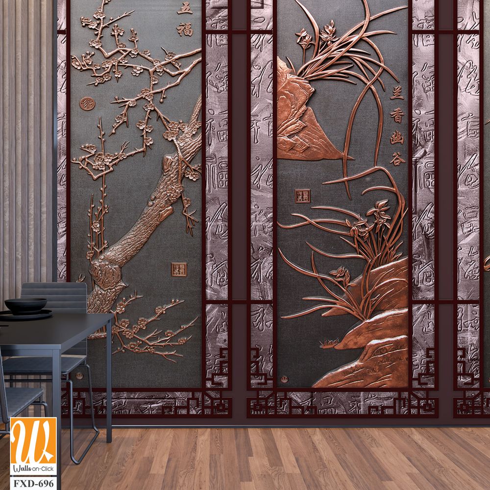 Copper windows with relief carvings of bamboo and plum blossoms Wallpaper [WP-FXD-696]