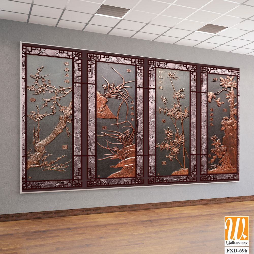 Copper windows with relief carvings of bamboo and plum blossoms Wallpaper [WP-FXD-696]