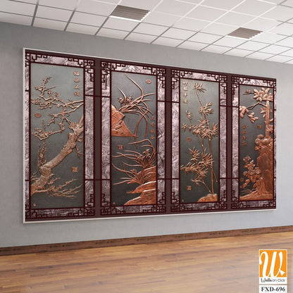 Copper windows with relief carvings of bamboo and plum blossoms Wallpaper [WP-FXD-696]