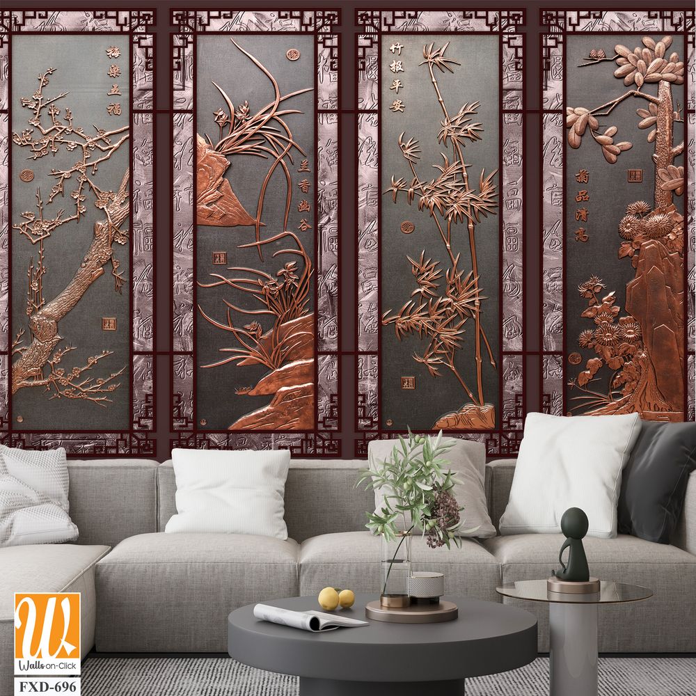 Copper windows with relief carvings of bamboo and plum blossoms Wallpaper [WP-FXD-696]
