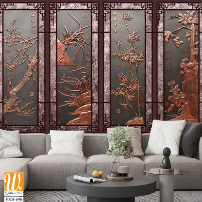 Copper windows with relief carvings of bamboo and plum blossoms Wallpaper [WP-FXD-696]
