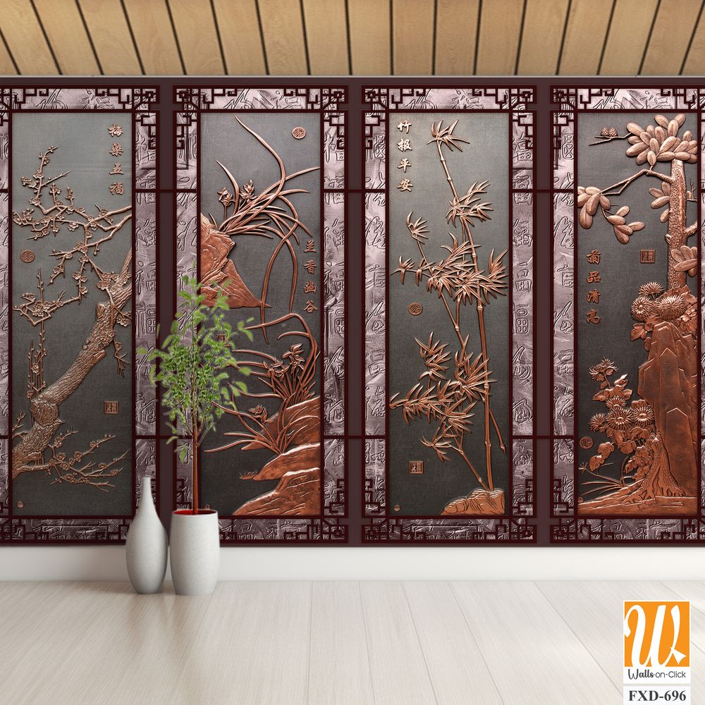 Copper windows with relief carvings of bamboo and plum blossoms Wallpaper [WP-FXD-696]