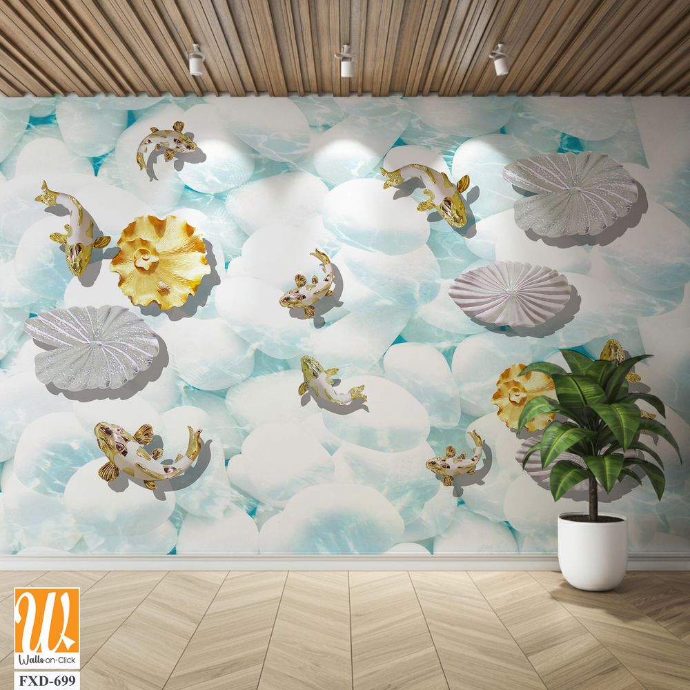Collage of white seashells and goldfish [WP-FXD-699]