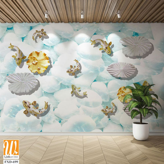 Collage of white seashells and goldfish [WP-FXD-699]