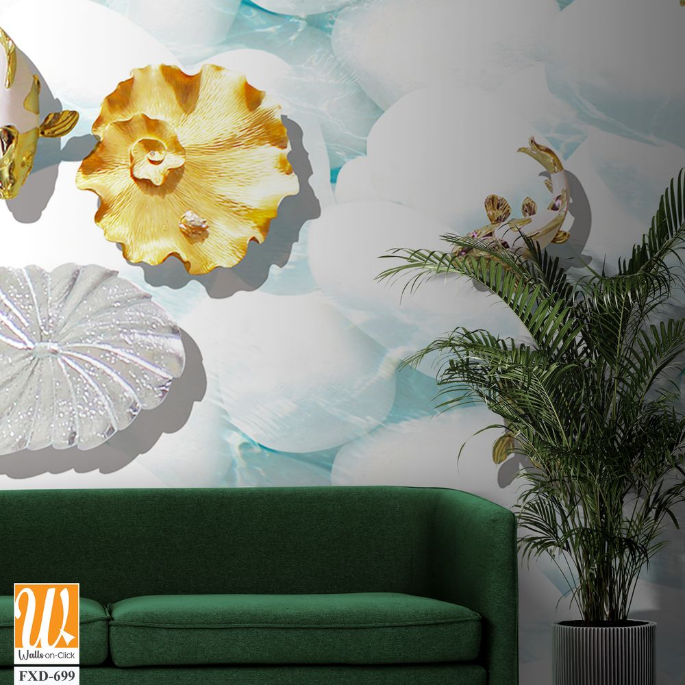 Collage of white seashells and goldfish [WP-FXD-699]