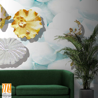 Collage of white seashells and goldfish [WP-FXD-699]