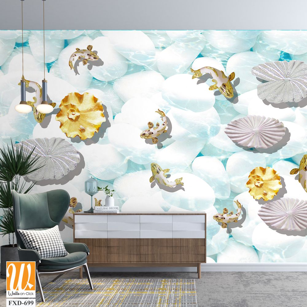 Collage of white seashells and goldfish [WP-FXD-699]