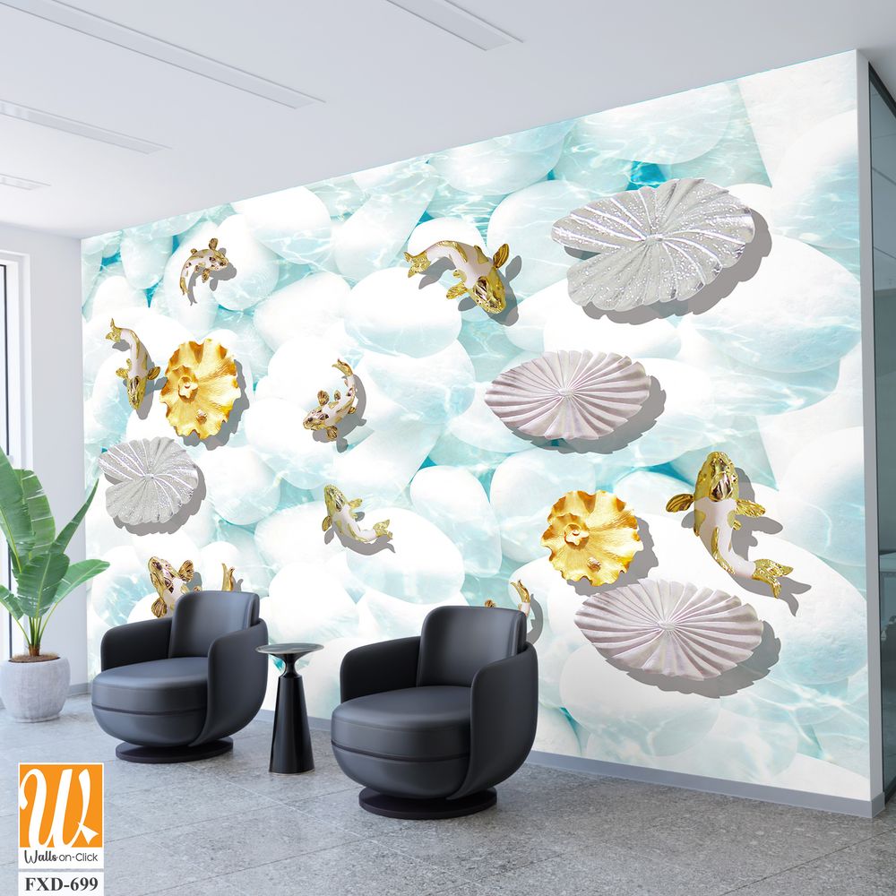 Collage of white seashells and goldfish [WP-FXD-699]