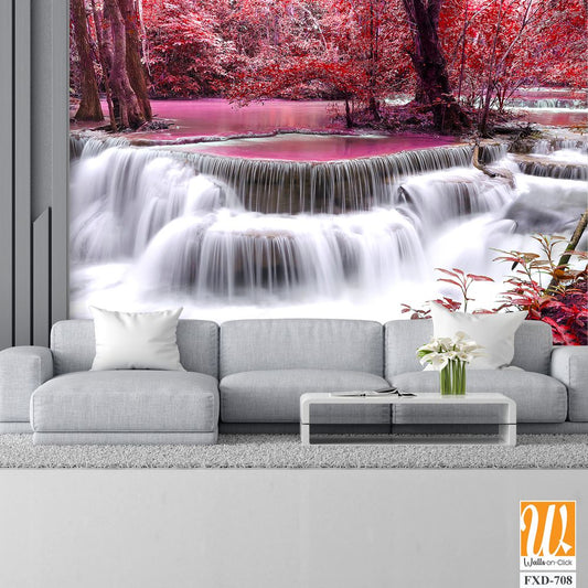 Beautiful waterfall in the red forest Wallpaper [WP-FXD-708]