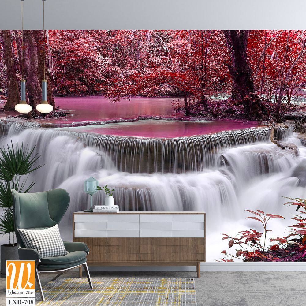 Beautiful waterfall in the red forest Wallpaper [WP-FXD-708]