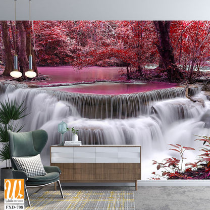 Beautiful waterfall in the red forest Wallpaper [WP-FXD-708]