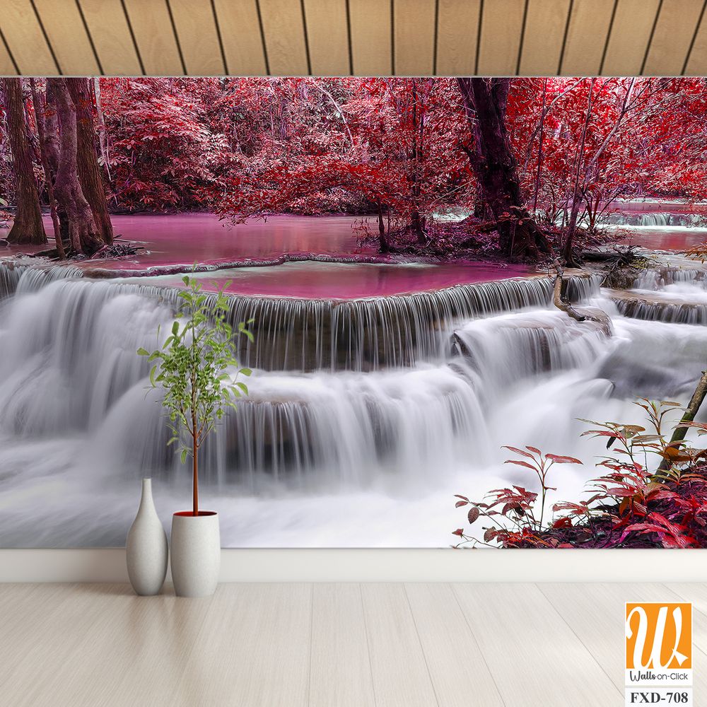 Beautiful waterfall in the red forest Wallpaper [WP-FXD-708]