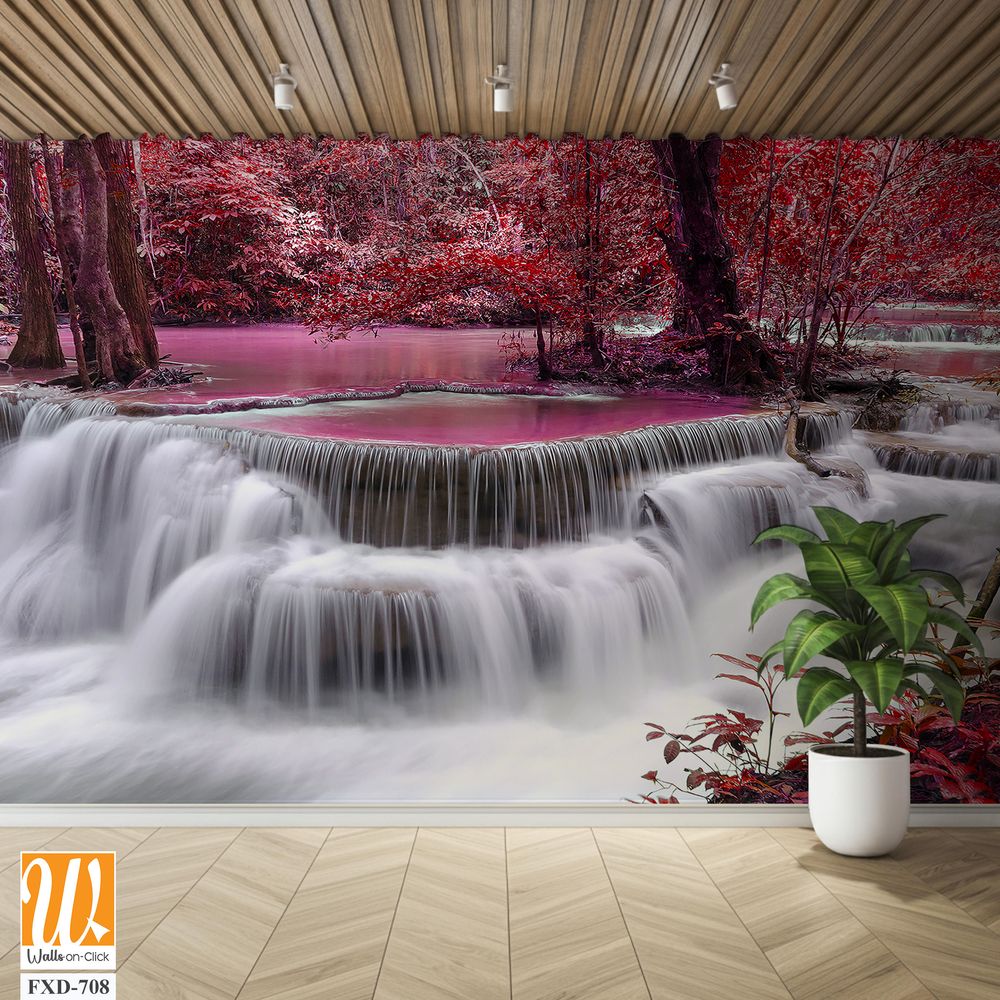 Beautiful waterfall in the red forest Wallpaper [WP-FXD-708]