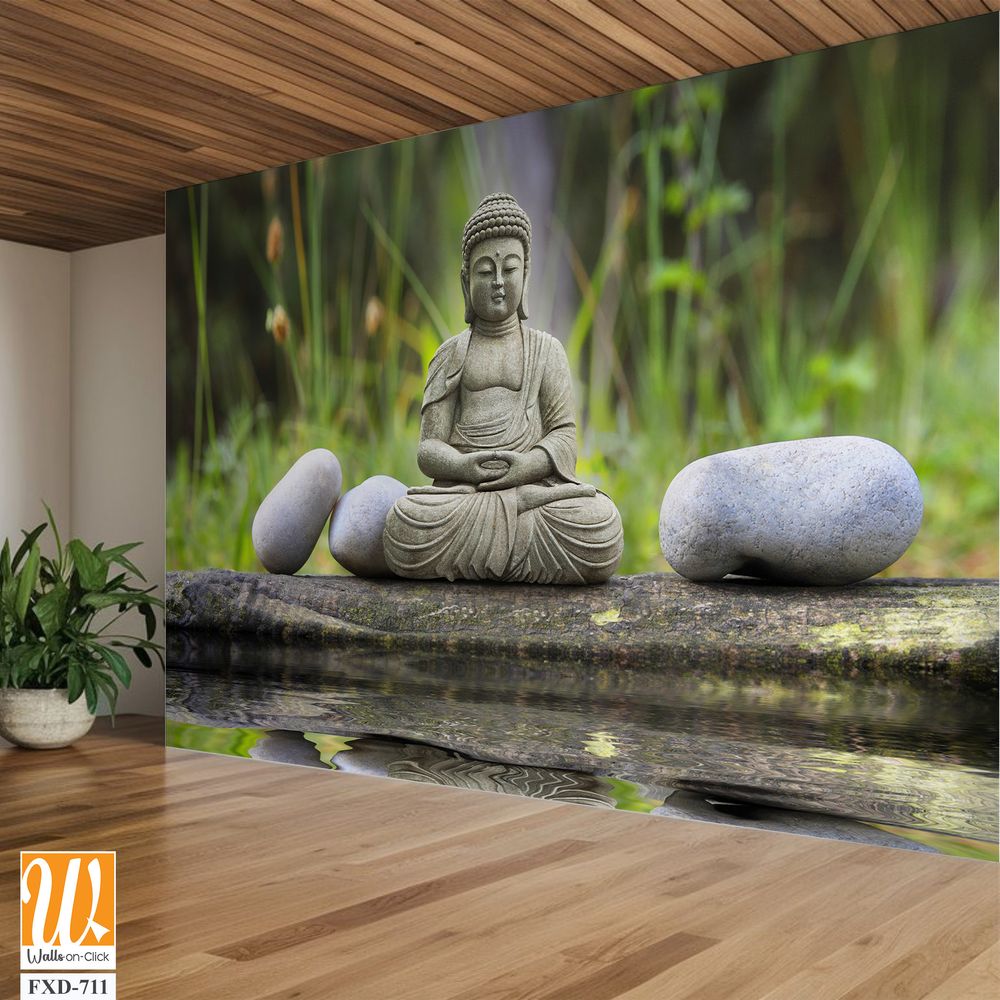 Serene Buddha statue sitting on the edge of a pond [WP-FXD-711]