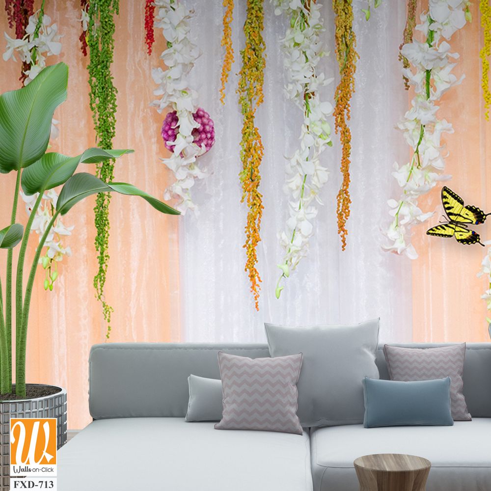 Cascading flowers and butterflies Wallpaper [WP-FXD-713]