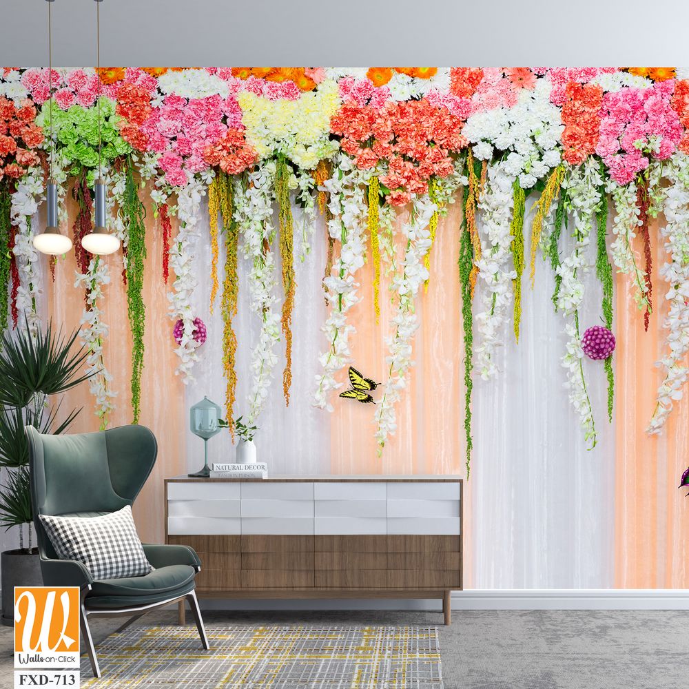 Cascading flowers and butterflies Wallpaper [WP-FXD-713]