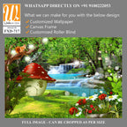 Kids mushroom house in a green forest with flowers and waterfalls Wallpaper [WP-FXD-717]