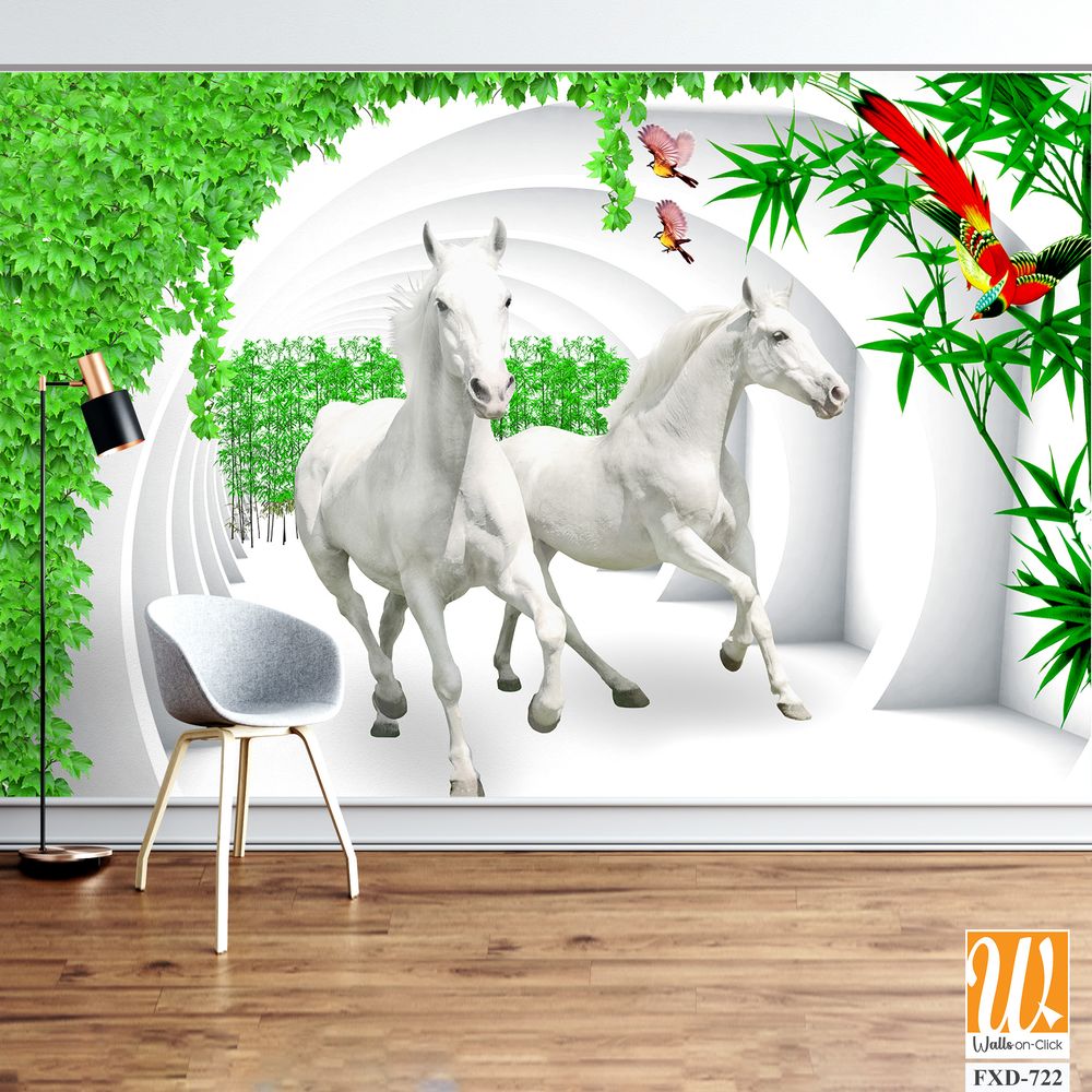3D White Horse Wall Mural, [WP-FXD-722]