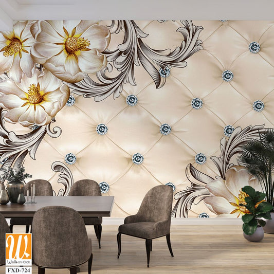 3D wallpaper with a floral pattern and rhinestones [WP-FXD-724]