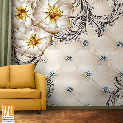 3D wallpaper with a floral pattern and rhinestones [WP-FXD-724]