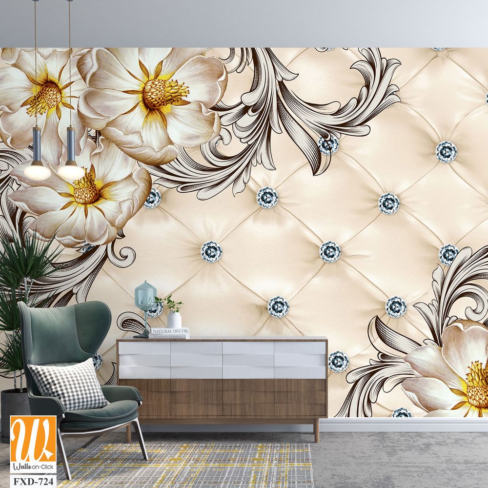 3D wallpaper with a floral pattern and rhinestones [WP-FXD-724]