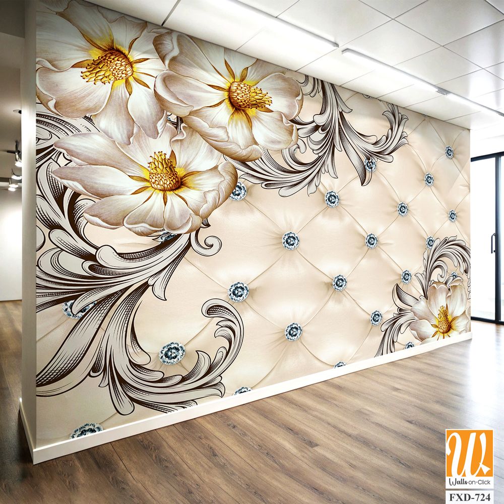 3D wallpaper with a floral pattern and rhinestones [WP-FXD-724]