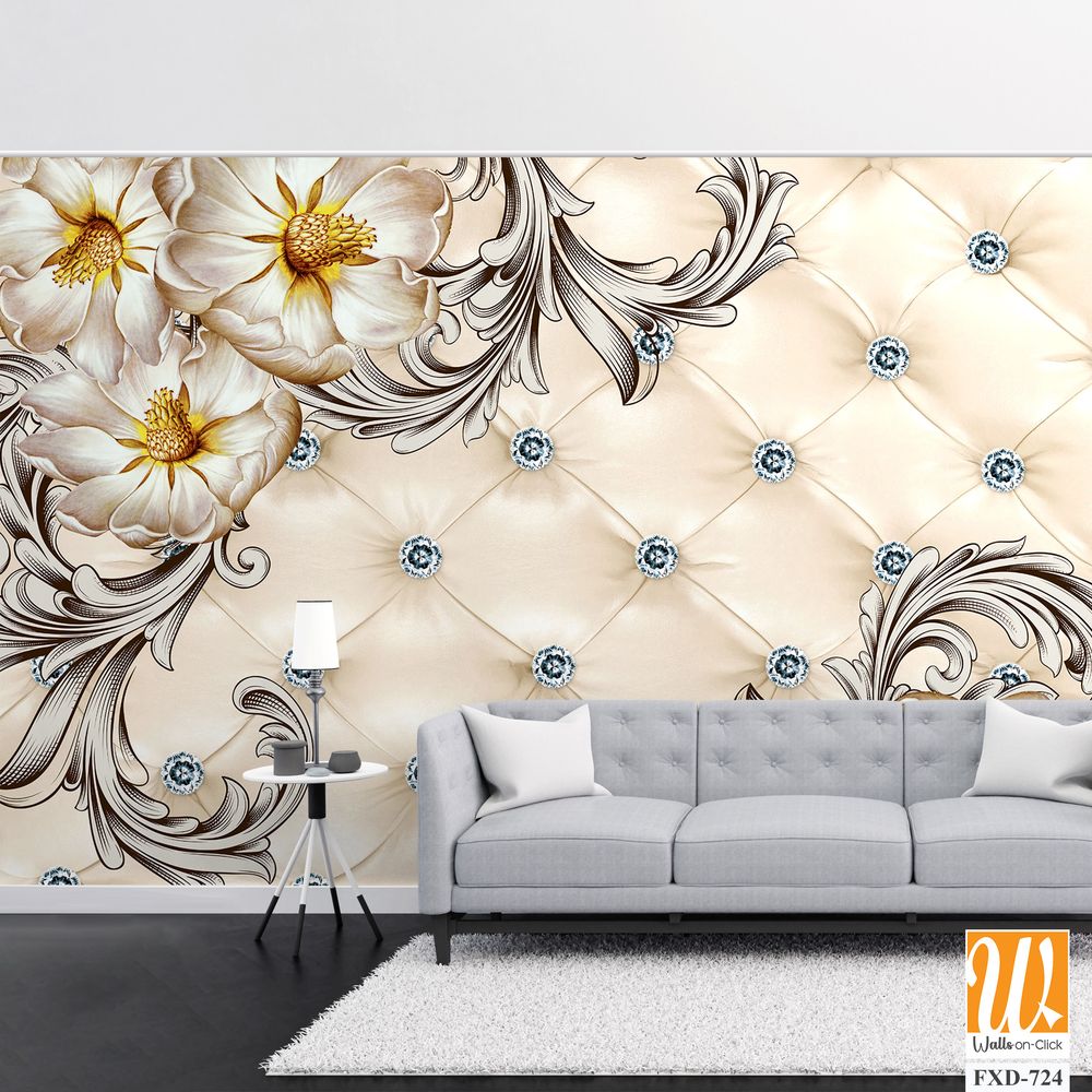 3D wallpaper with a floral pattern and rhinestones [WP-FXD-724]