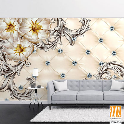 3D wallpaper with a floral pattern and rhinestones [WP-FXD-724]