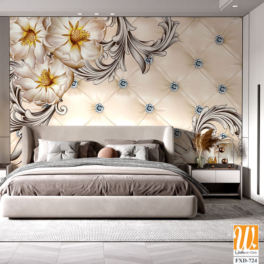 3D wallpaper with a floral pattern and rhinestones [WP-FXD-724]