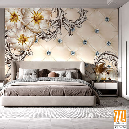 3D wallpaper with a floral pattern and rhinestones [WP-FXD-724]