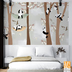 Cute cartoon pandas hanging out in the trees Wallpaper [WP-FXD-729]