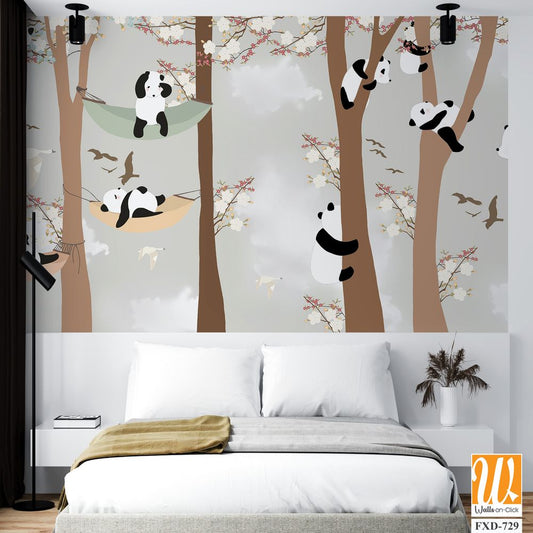 Cute cartoon pandas hanging out in the trees Wallpaper [WP-FXD-729]