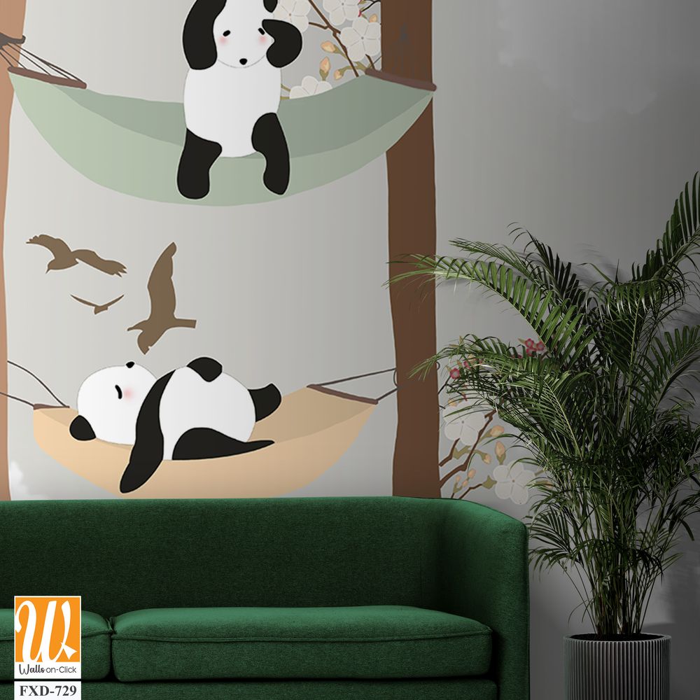 Cute cartoon pandas hanging out in the trees Wallpaper [WP-FXD-729]