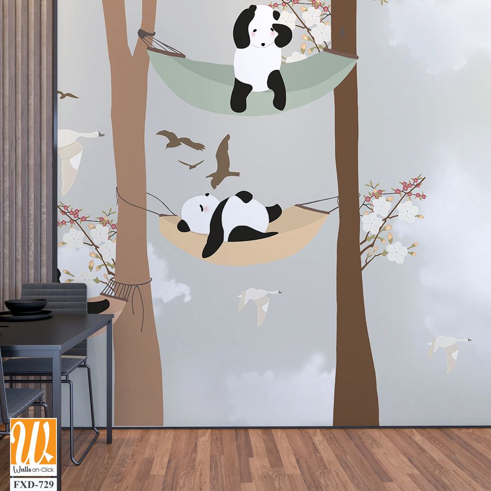 Cute cartoon pandas hanging out in the trees Wallpaper [WP-FXD-729]