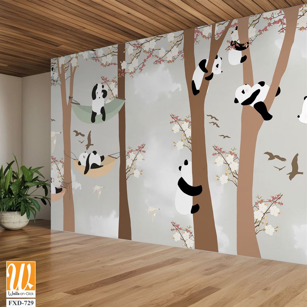 Cute cartoon pandas hanging out in the trees Wallpaper [WP-FXD-729]