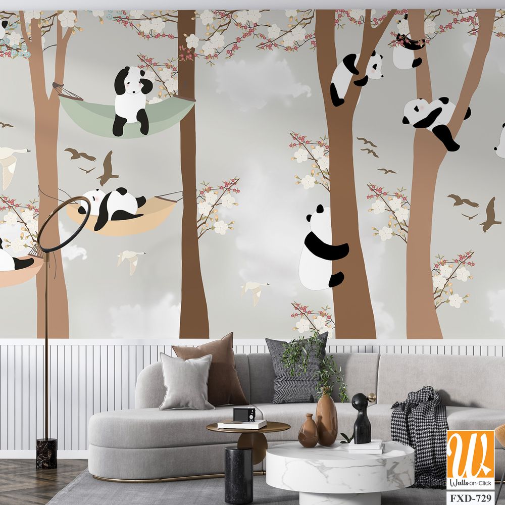 Cute cartoon pandas hanging out in the trees Wallpaper [WP-FXD-729]